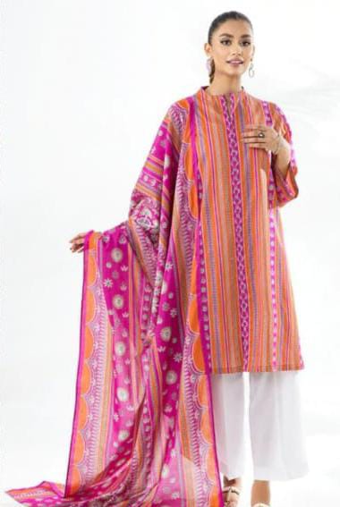 A model wearing the Nishat 3pc Unstitched Doriya Lawn Orange suit