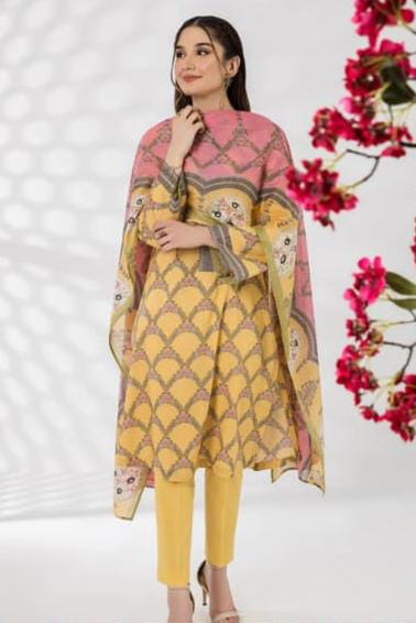 A model wearing the Nishat 3pc Unstitched Doriya Lawn Yellow suit