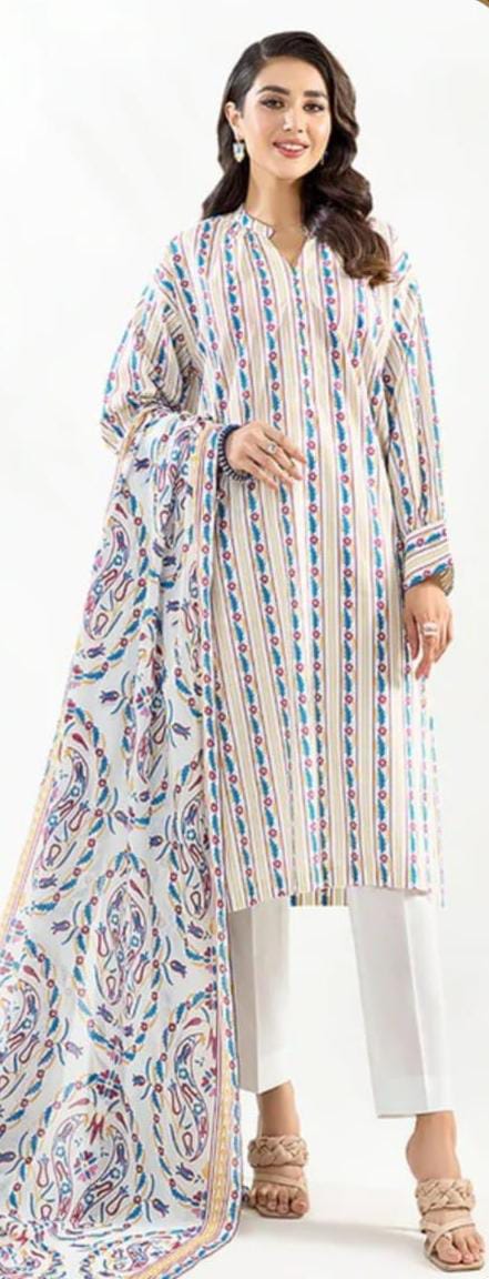 A model wearing the Nishat 3pc Unstitched Doriya Lawn Off White suit