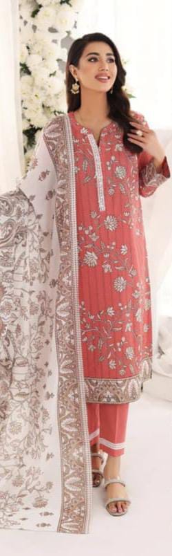 A model wearing the Nishat 3pc Unstitched Doriya Lawn Red suit