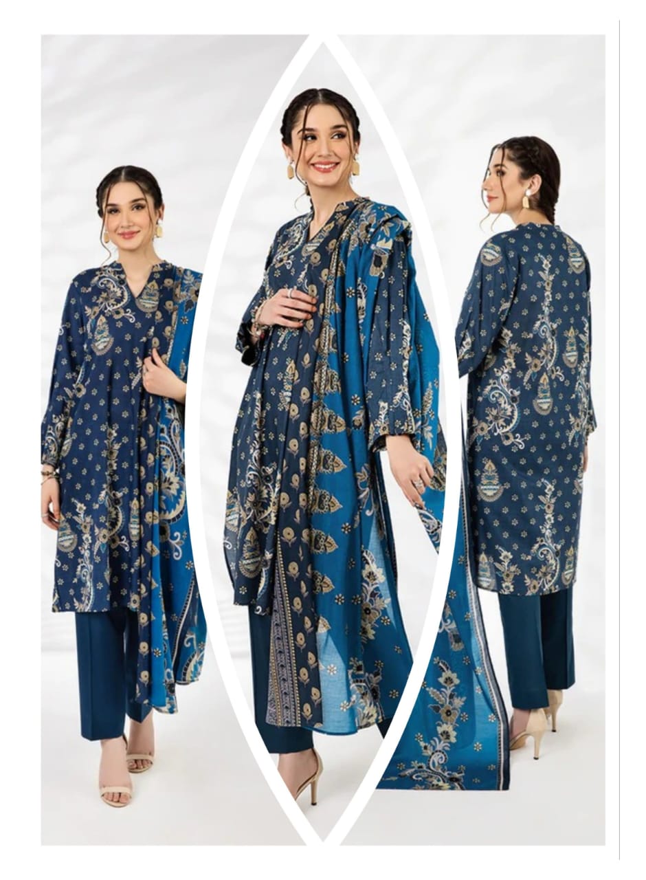 A model wearing the Nishat 3pc Unstitched Doriya Lawn Blue suit