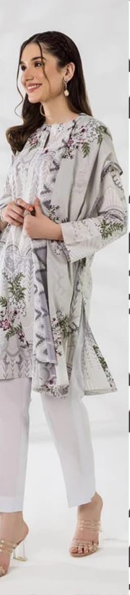 A model wearing the Nishat 3pc Unstitched Doriya Lawn Ash White suit
