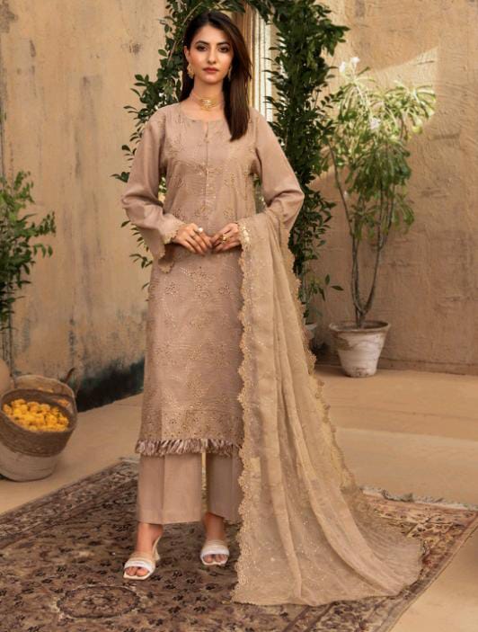 Kaari Noir Luxury Chikankari 3 Piece | Light Brown