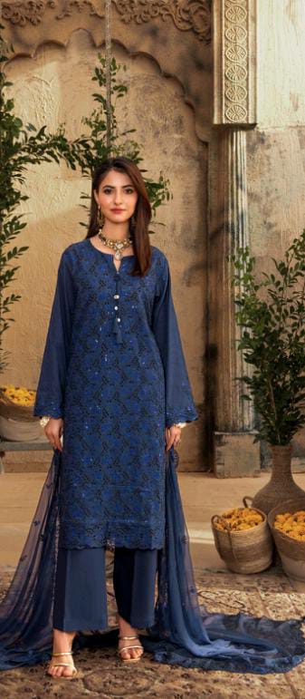 Kaari Noir Luxury Chikankari 3 Piece | Blue