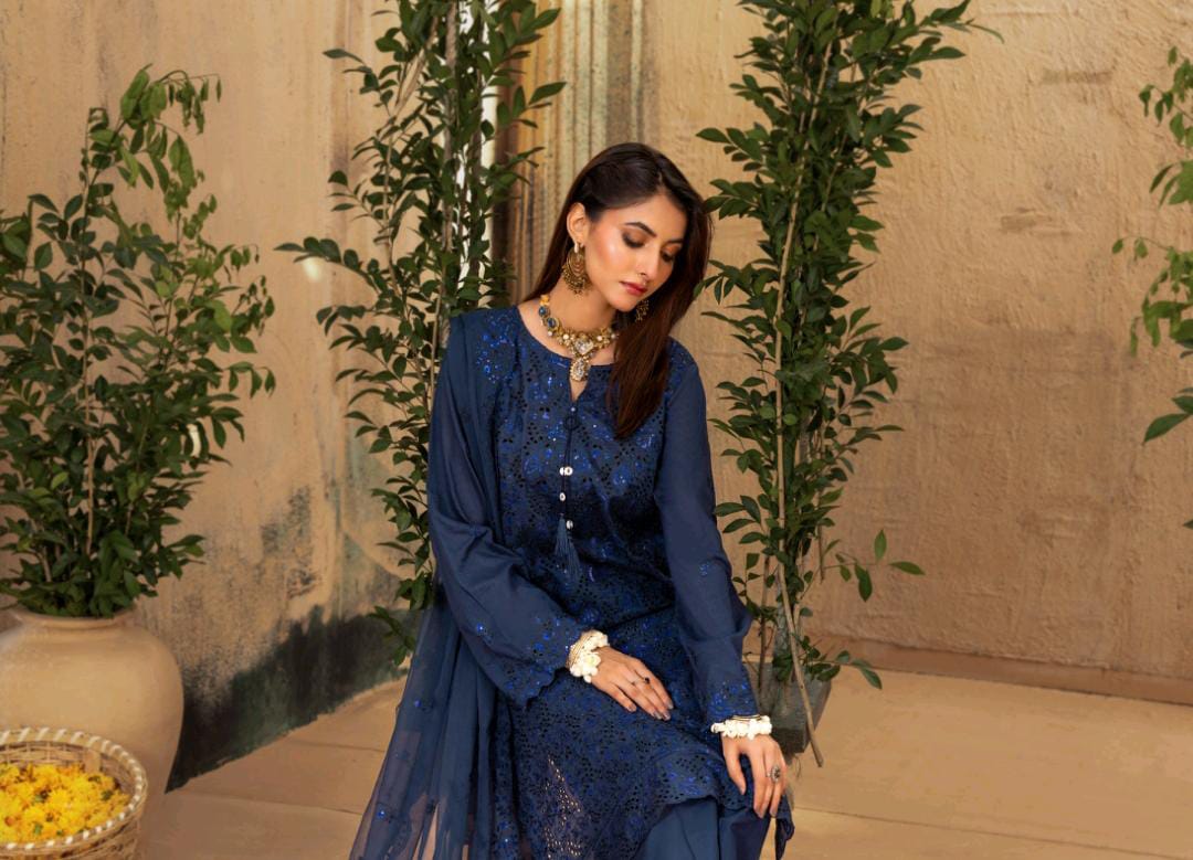 Kaari Noir Luxury Chikankari 3 Piece | Blue