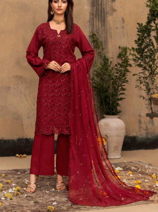 Kaari Noir Luxury Chikankari 3 Piece | Maroon