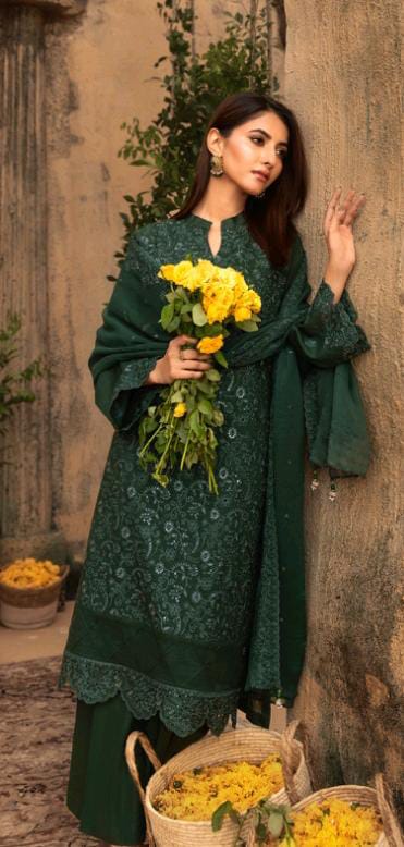 Kaari Noir Luxury Chikankari 3 Piece | Dark Green