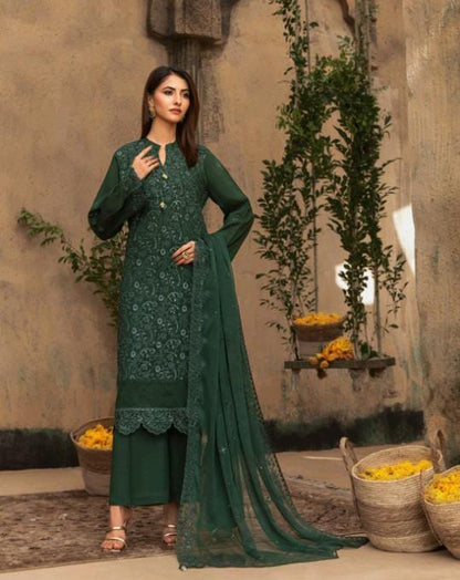 Kaari Noir Luxury Chikankari 3 Piece | Dark Green