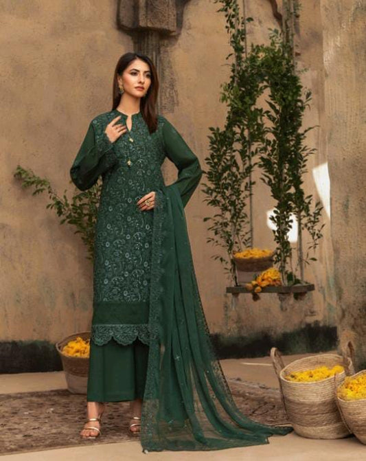 Kaari Noir Luxury Chikankari 3 Piece | Dark Green