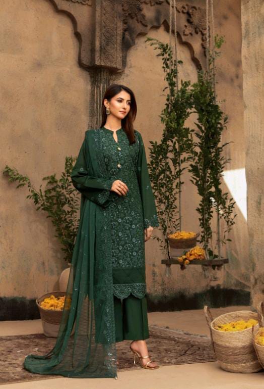 Kaari Noir Luxury Chikankari 3 Piece | Dark Green