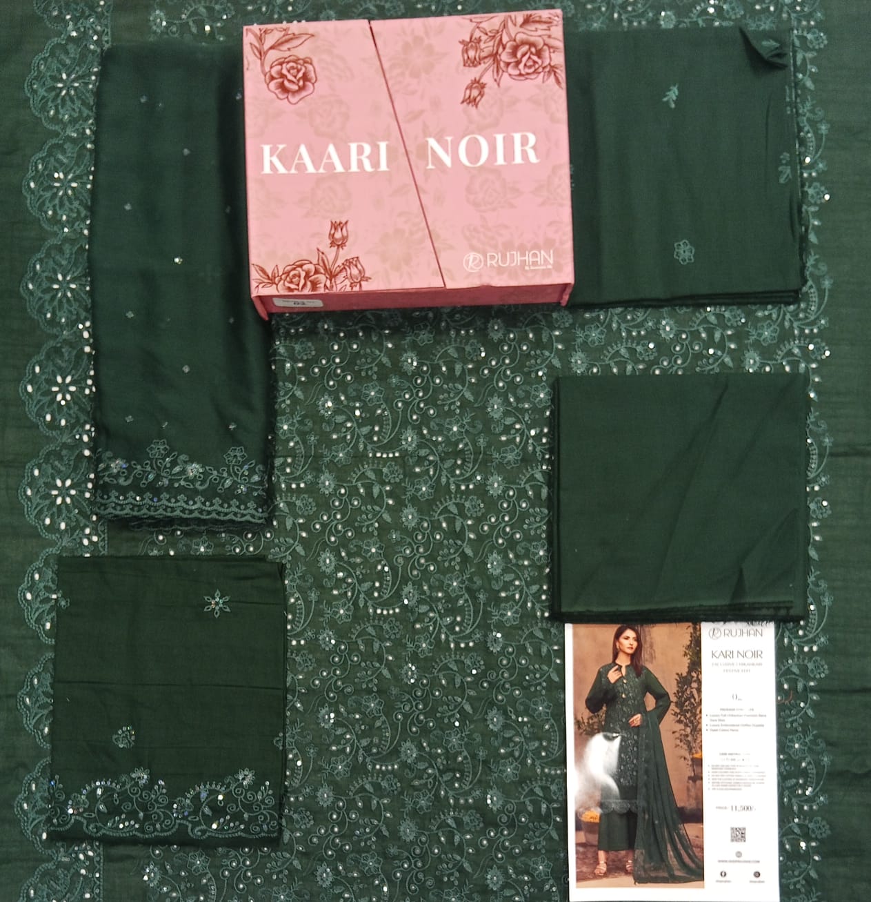 Kaari Noir Luxury Chikankari 3 Piece | Dark Green