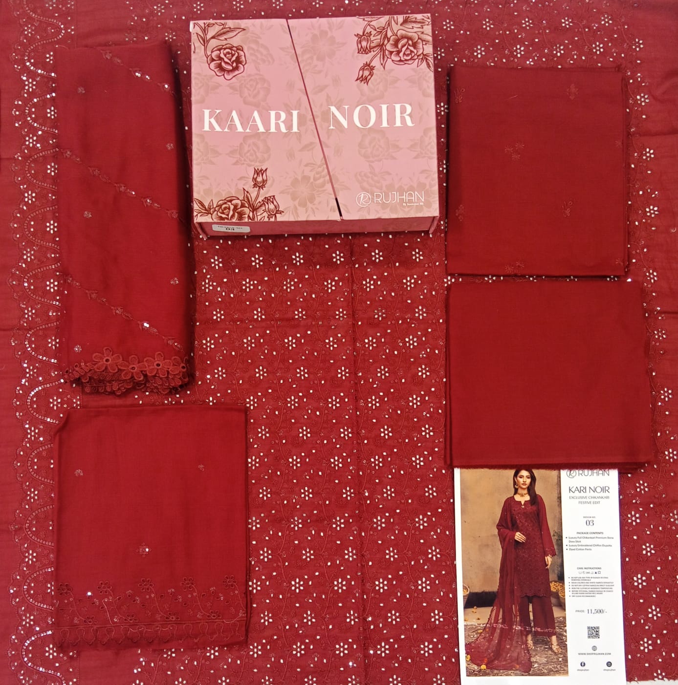 Kaari Noir Luxury Chikankari 3 Piece | Maroon