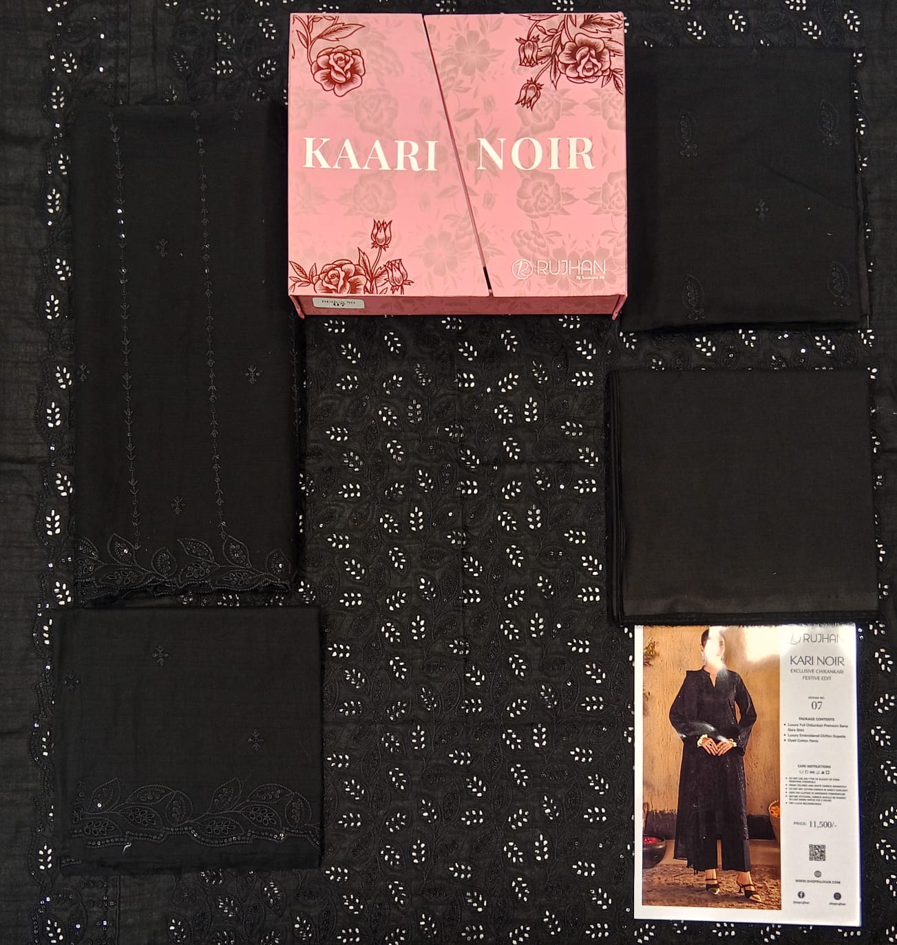 Kaari Noir Luxury Chikankari 3 Piece | Black