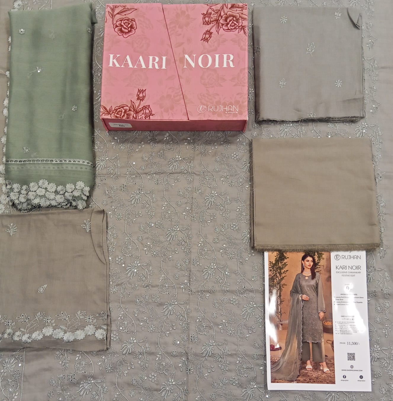 Kaari Noir Luxury Chikankari 3 Piece | Grey