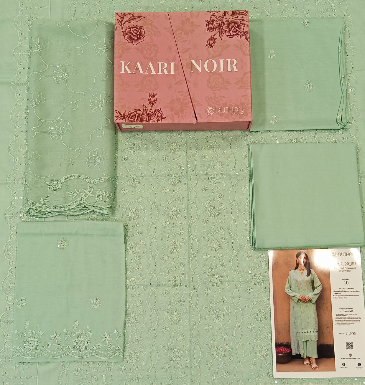 Kaari Noir Luxury Chikankari 3 Piece | Sea Green