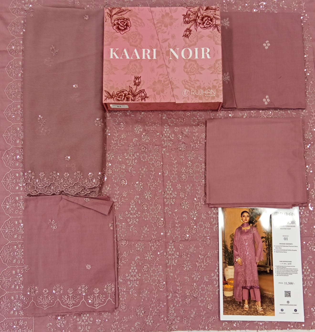 Kaari Noir Luxury Chikankari 3 Piece | Tea Pink