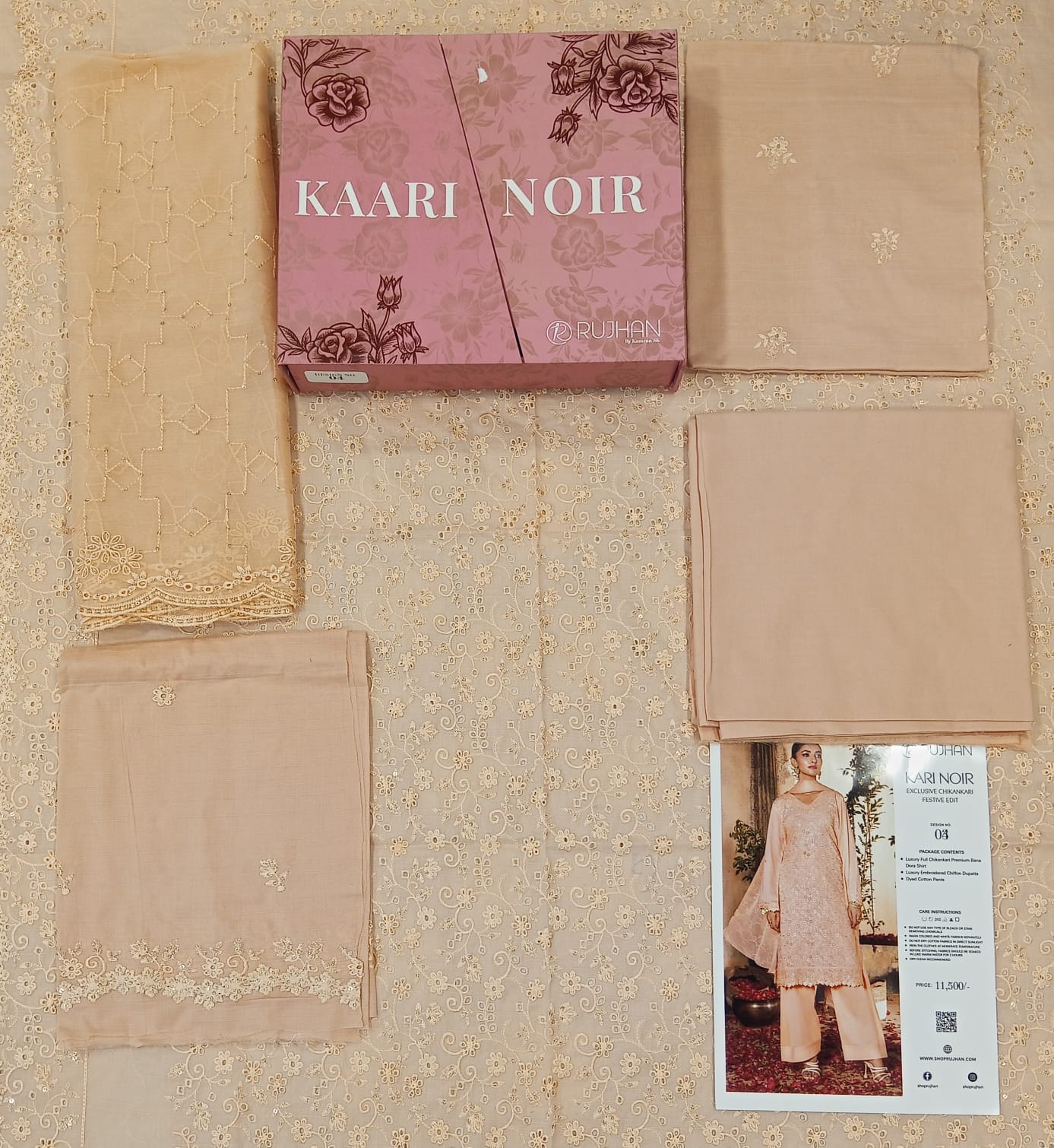 Kaari Noir Luxury Chikankari 3 Piece | Peach