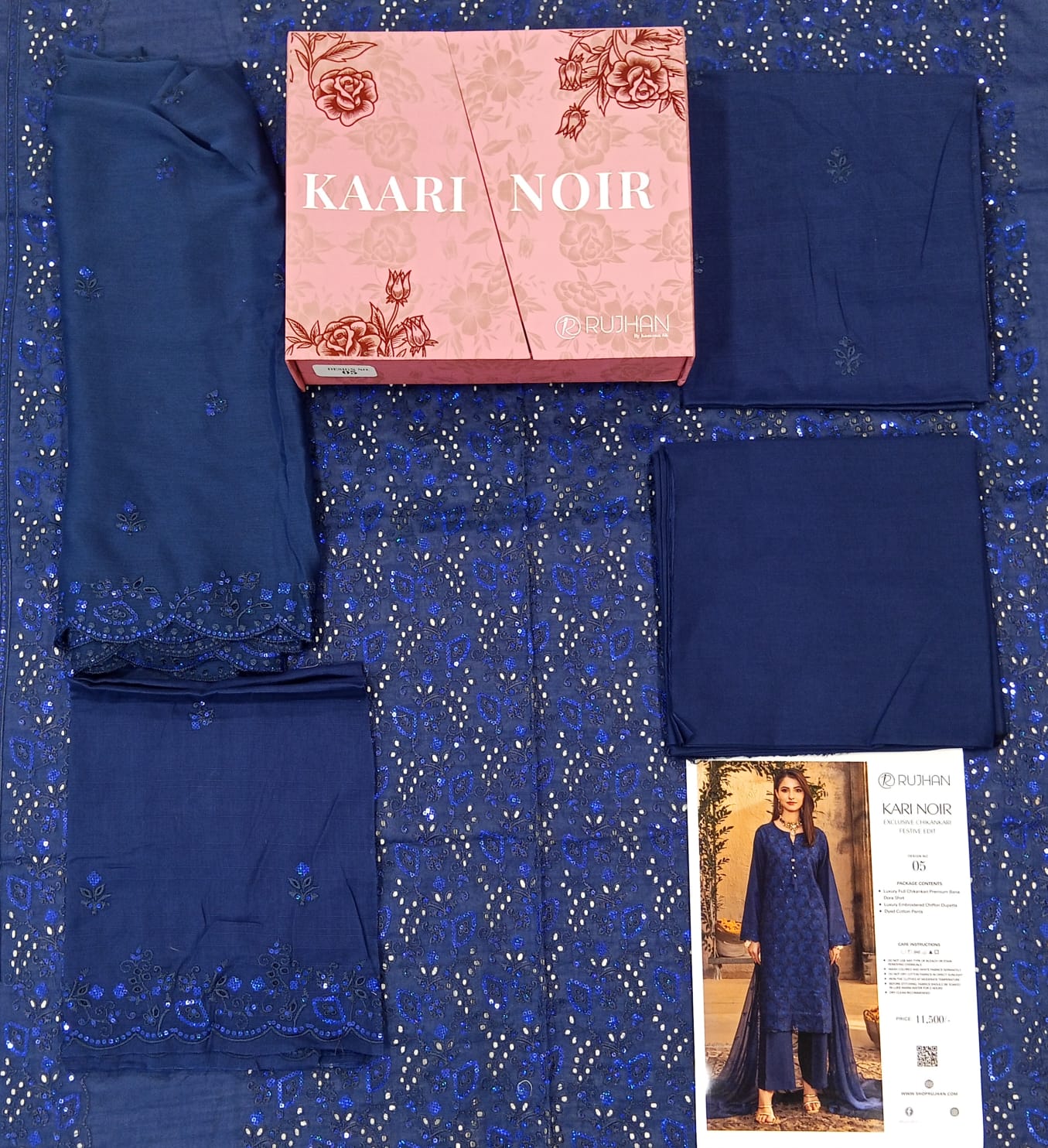 Kaari Noir Luxury Chikankari 3 Piece | Blue