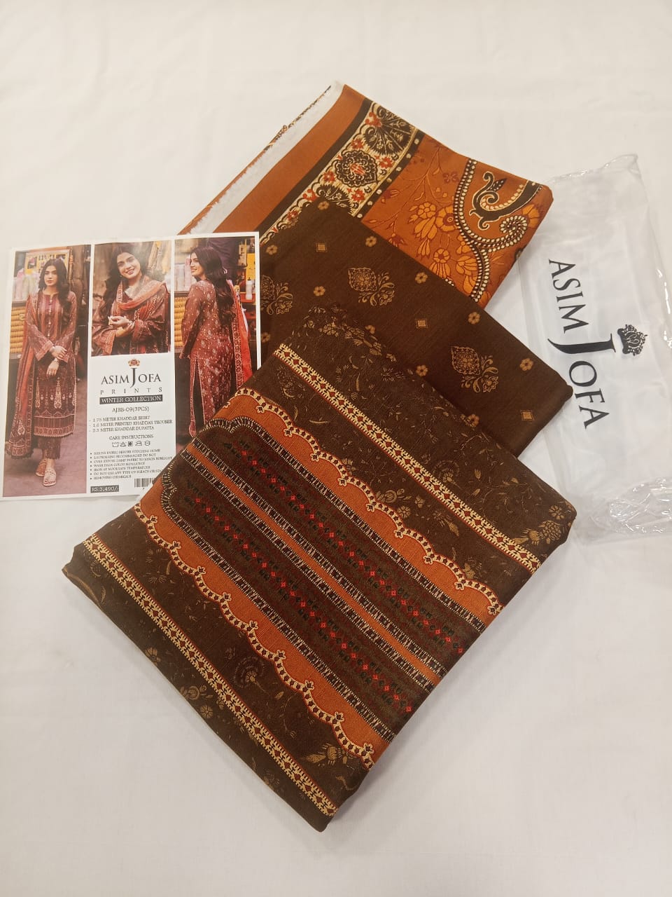 Asim Jofa 3pc Unstitched Khaddar Suit | Dark Brown