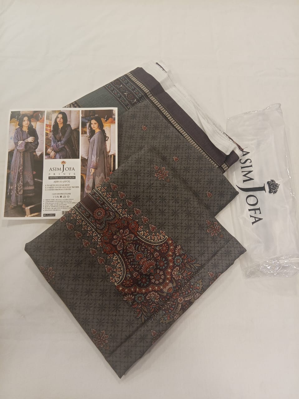 Asim Jofa 3pc Unstitched Khaddar Suit | Grey