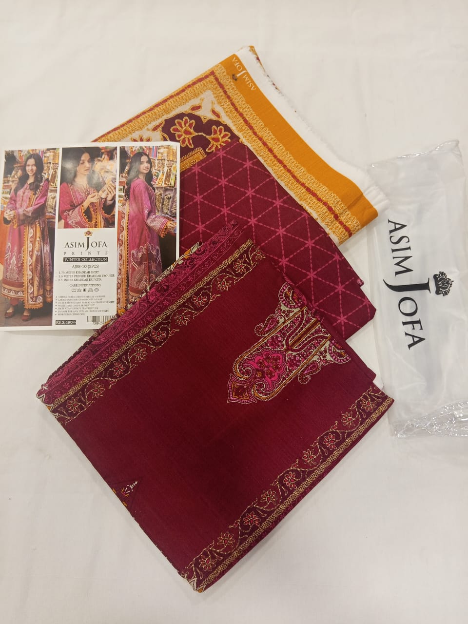 Asim Jofa 3pc Unstitched Khaddar Suit | Deep Magenta