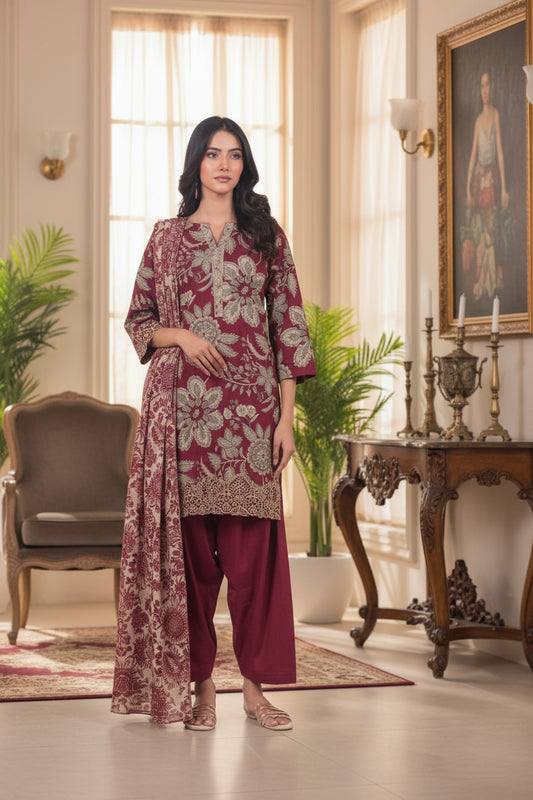 Alkaram 3pc Unstitched Khaddar Suit | Red