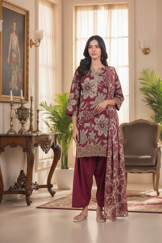 Alkaram 3pc Unstitched Khaddar Suit | Red