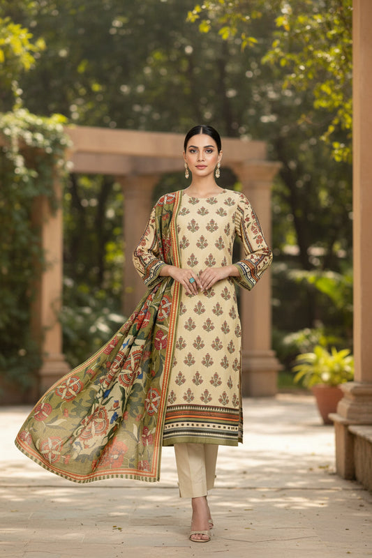 Gul Ahmed 3pc Unstitched Khaddar Suit | Light Yellow