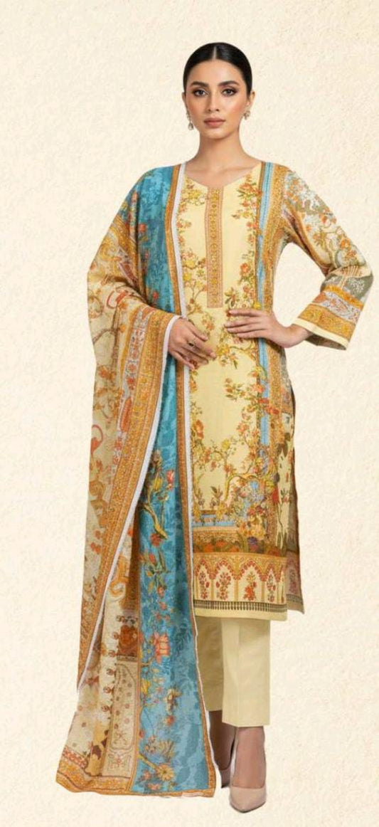 Gul Ahmed 3pc Unstitched Khaddar Suit | Lemon yellow