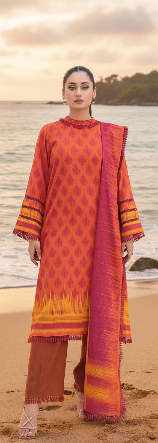 Gul Ahmed 3pc Unstitched Khaddar Suit | Orange