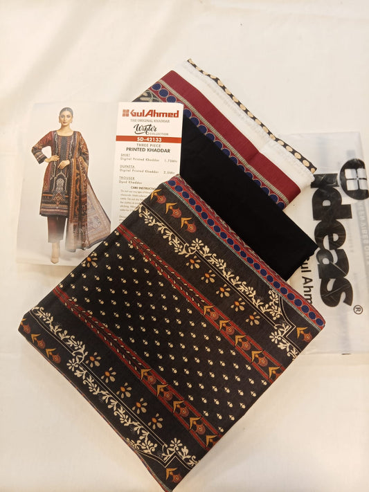 Gul Ahmed 3pc Unstitched Khaddar Suit | Maroon