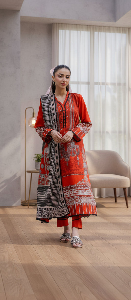 Gul Ahmed 3pc Unstitched Khaddar Suit | Red