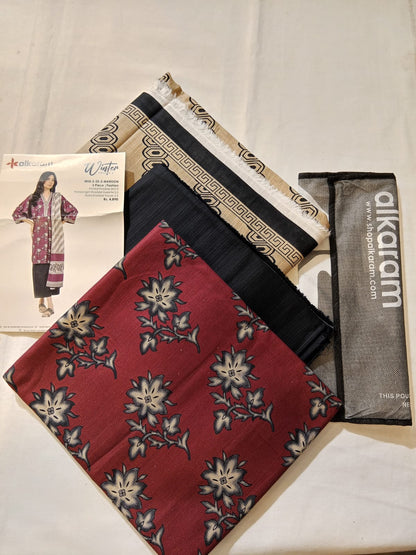 Alkaram 3pc Unstitched Khaddar Suit | Maroon