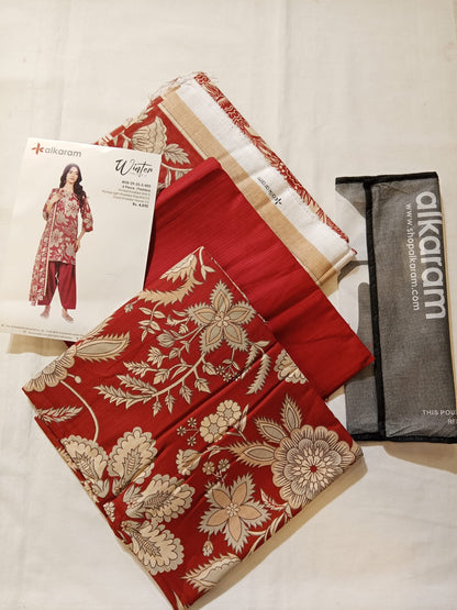 Alkaram 3pc Unstitched Khaddar Suit | Red