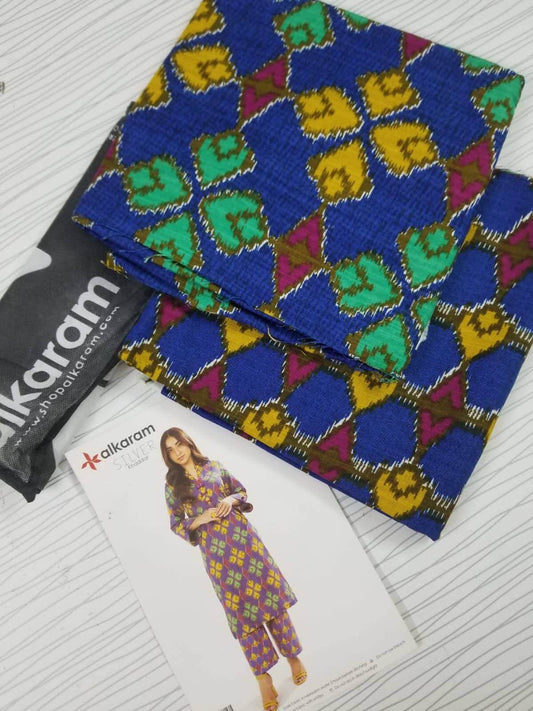 Blue | Al-Karam 2pc Unstitched Khaddar Suit fabric and promotional material.