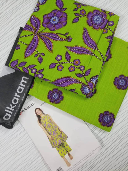 Vibrant Green | Al-Karam 2pc Unstitched Khaddar Suit with printed khaddar fabric and style guide.