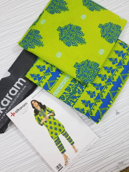 Bright Green | Al-Karam 2pc Unstitched Khaddar Suit showcasing printed khaddar fabric and design features.