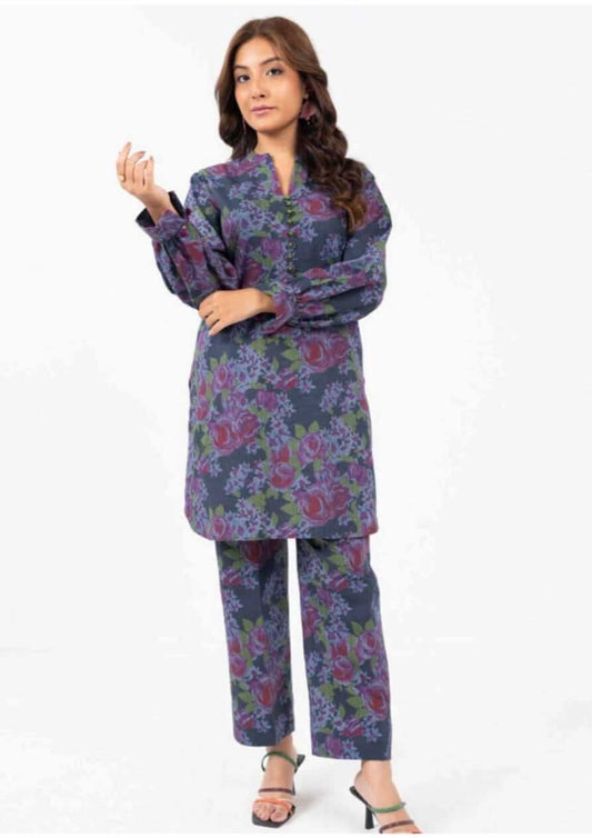 Deep Blue | Al-Karam 2pc Unstitched Khaddar Suit featuring a printed shirt and trouser.