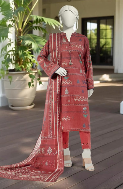 Mtj 3 PIECE PRINTED LAWN SUIT- Maroon (UNSTITCHED)