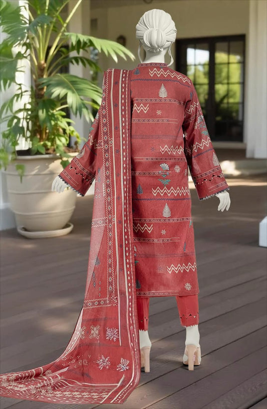 Mtj 3 PIECE PRINTED LAWN SUIT- Maroon (UNSTITCHED)