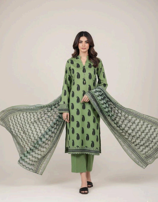 Olive Green | Al-Karam 3pc Unstitched Lawn Suit