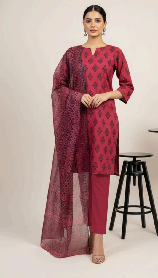 Maroon | Al-Karam 3pc Unstitched Lawn Suit