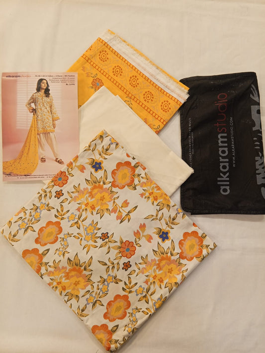 Yellow | Al-Karam 3pc Unstitched Lawn Suit