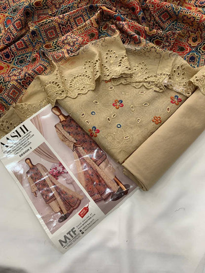 Mtf By Aashi 3pc Unstitched Linen Embroidered - Golden Beige