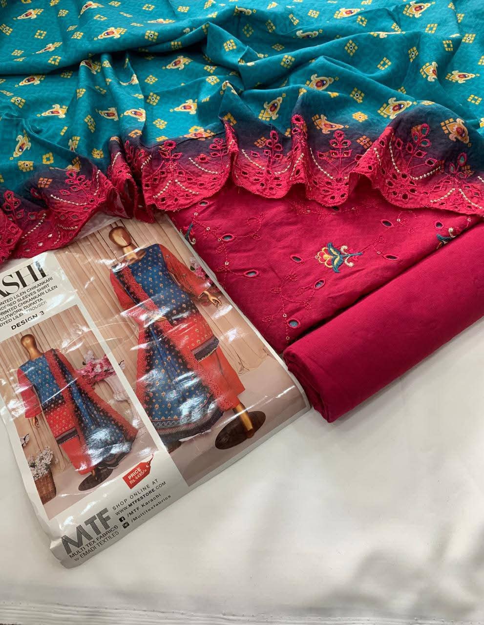 Mtf By Aashi 3pc Unstitched Linen Embroidered - Magenta