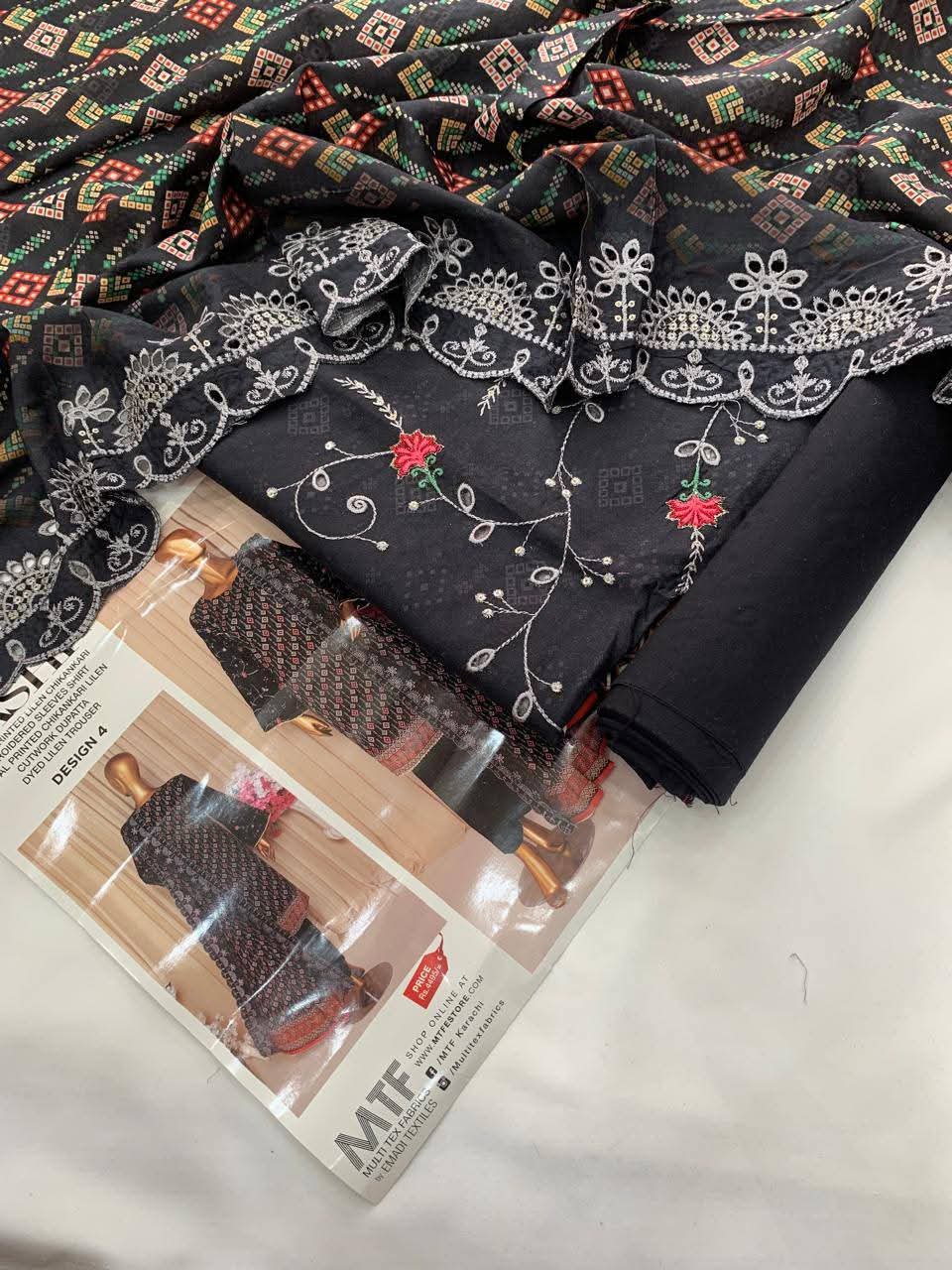 Mtf By Aashi 3pc Unstitched Linen Embroidered - Black