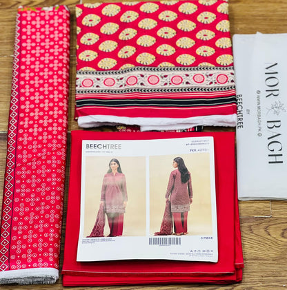 BeechTree 3 PIECE PRINTED LAWN SUIT-SCARLET MIST (UNSTITCHED)