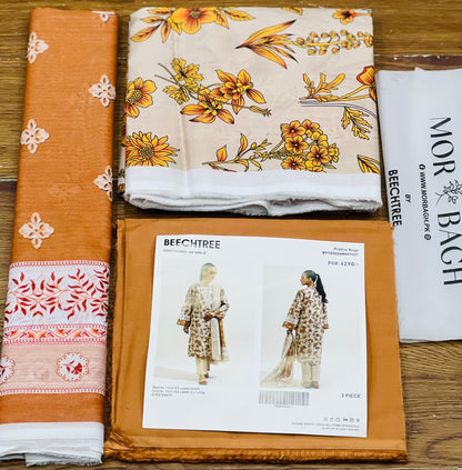 BeechTree 3 PIECE PRINTED LAWN SUIT-PRISTINE BEIGE (UNSTITCHED)