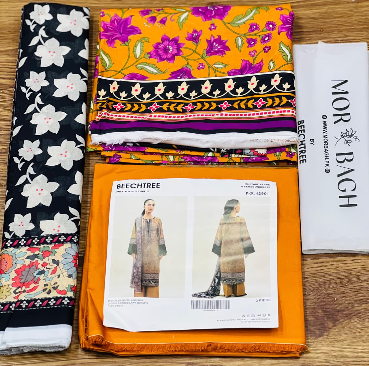 BeechTree 3 PIECE PRINTED LAWN SUIT-MUSTARD FLARE (UNSTITCHED)