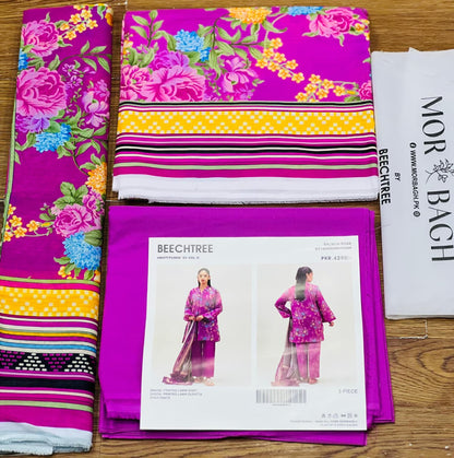 BeechTree 3 PIECE PRINTED LAWN SUIT-SALMON ROSE (UNSTITCHED)